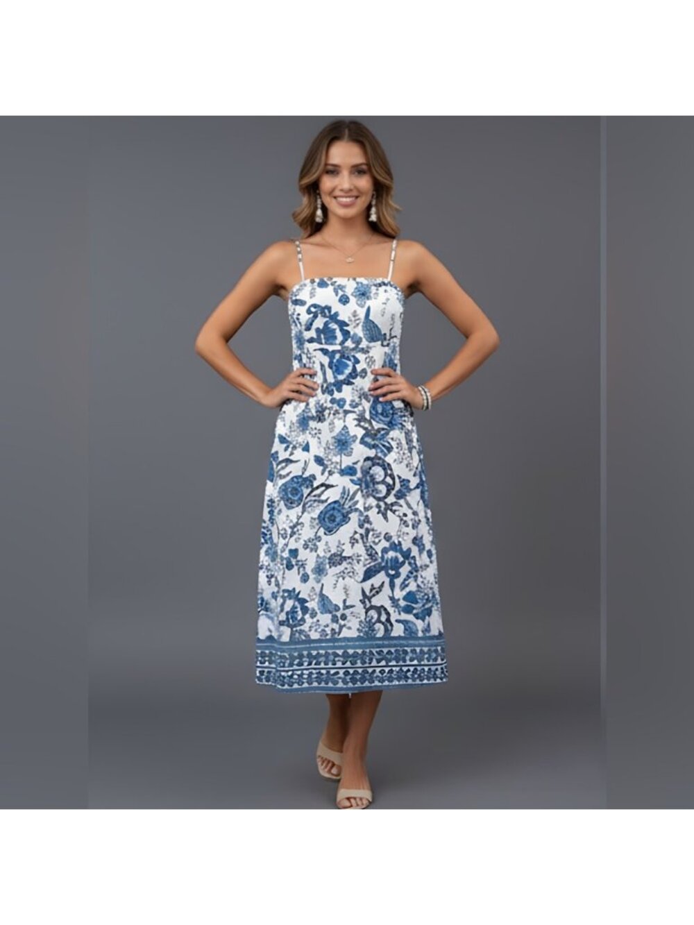 Blue/White Floral Spaghetti Strap Shirred Dress - Picture 2 of 8